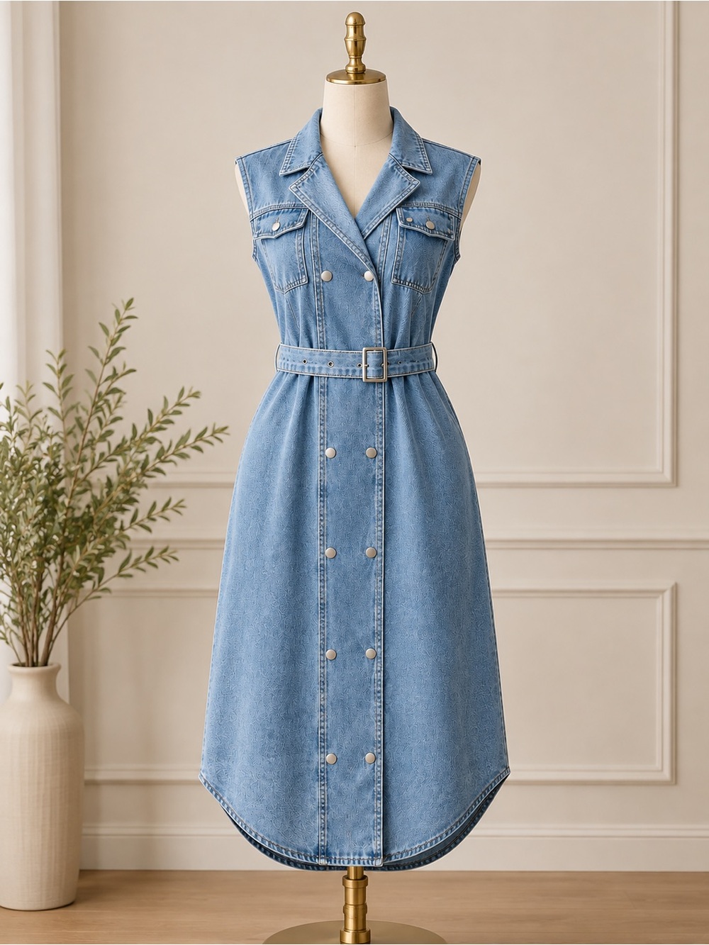 Sleeveless Light Blue Denim Midi Dress